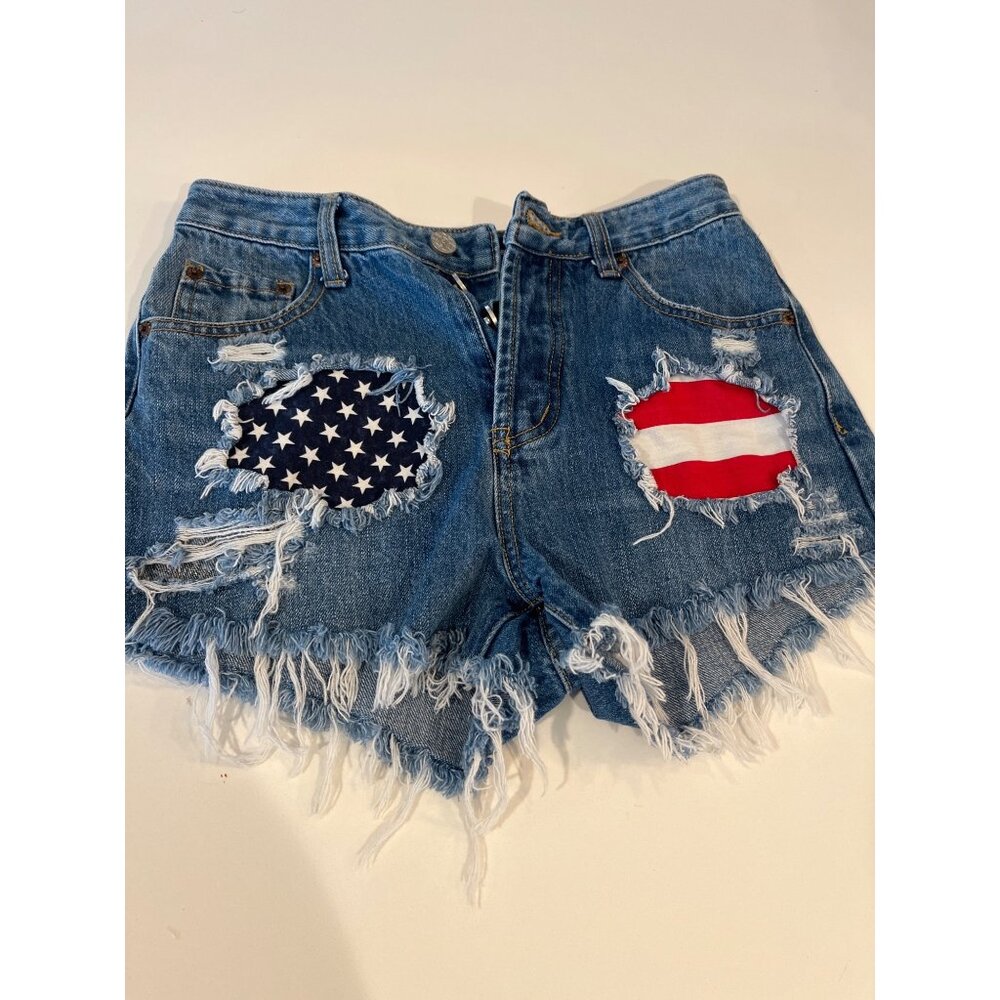 Jailey Ray & Co. Distressed Denim Shorts With USA Flag & Stripes Patchwork Size
